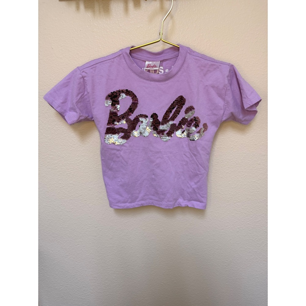 Cotton On Barbie Kids Collab Purple Sequin Logo T-Shirt Girls Sz 4 Short Sleeve